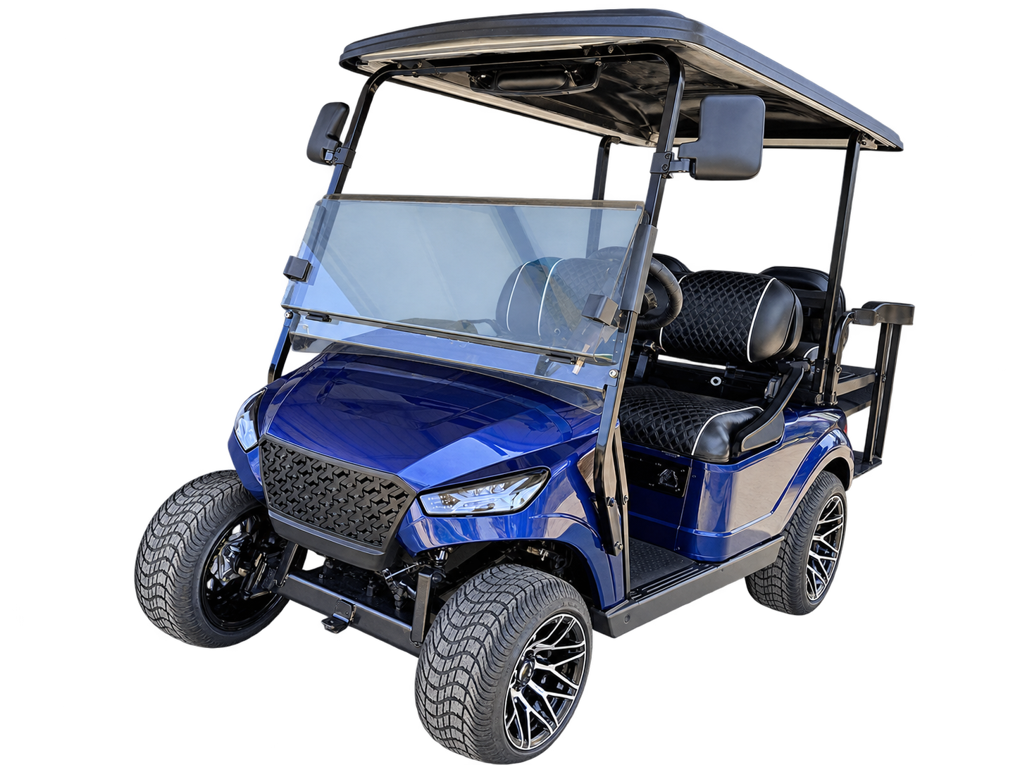 Featured dark blue custom golf cart with black quilted seats